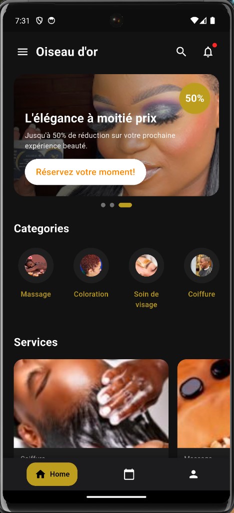 Écran d'accueil de l'application Oiseau d'Or